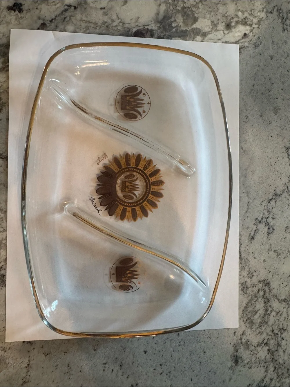 Gold-Trim Clear Glass Divided Serving Tray with Sunburst Medallions